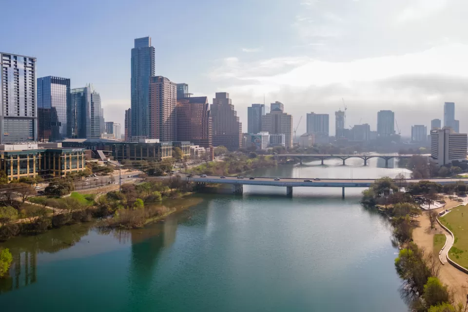 View of AUstin Texas skyline from across rover.